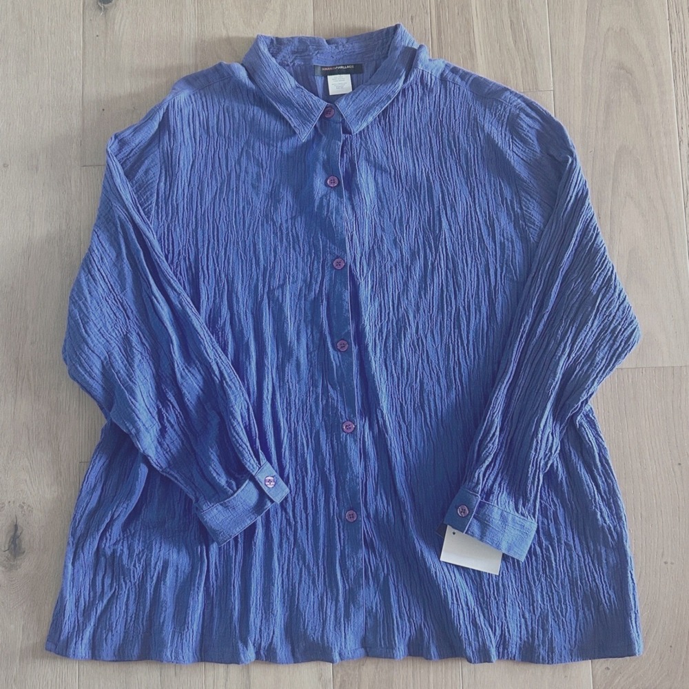 Wms Plus 5XL Button Down Shirt Periwinkle Cotton Gauze Lagenlook Harris Wallace